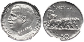Vittorio Emanuele III 1900-1946
50 Centesimi Leoni, Roma, 1929 R, Ni 6 g.
Ref : Cud 1264q (R3), MIR 1150, Pag 811 Conservation : NGC MS 65. FDC