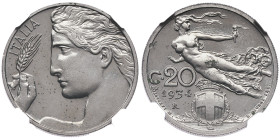 Vittorio Emanuele III 1900-1946 20 Centesimi, 1934 R, Ni 4 g.
Ref : KM#44
Conservation : NGC MS 64
Seulement 50 exemplaires frappés. Rarissime. FDC