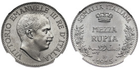 Somalia Italiana
1/2 Rupia (0.84 Lire), 1915, AG 5.82 g. Ref : Cud 1295d (R),MIR 1176d , Pag. 969 Conservation : NGC MS 64. FDC. Rare