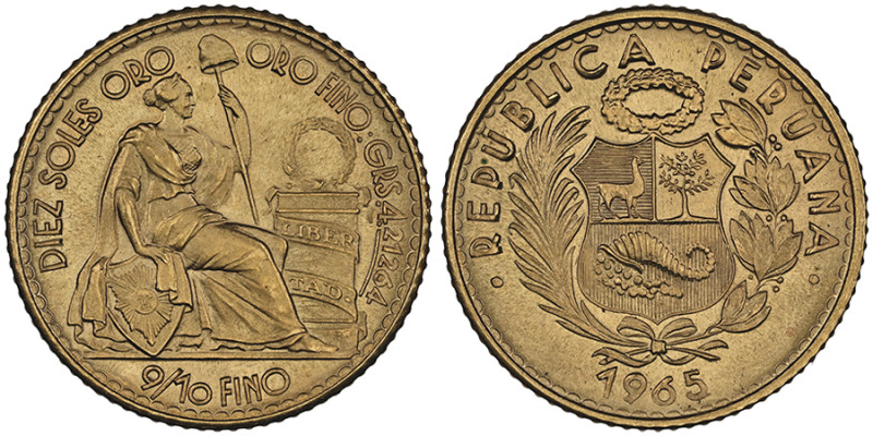 10 Soles, 1965, AU 4.6 g. 900‰ Ref : Fr.81, KM#236
Conservation : NGC MS 67. FDC...