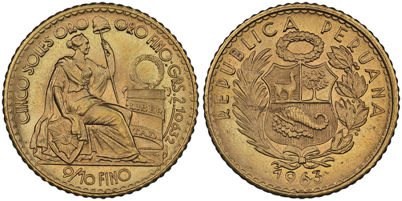 5 Soles, 1963, AU 2.3 g. 900‰ Ref : Fr. 82, KM#235
Conservation : NGC MS 68. FDC...
