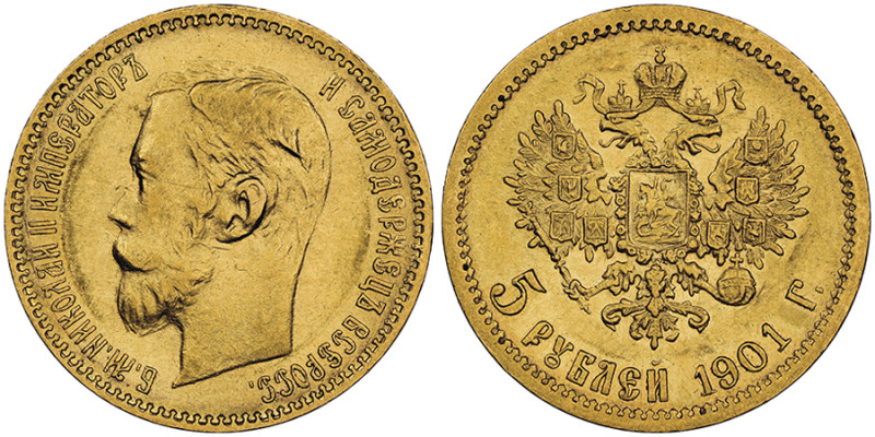 Nicolas II 1894-1917
5 Roubles, Saint-Pétersbourg, 1901 AP, AU 4.3 g
Ref : Fr. 1...