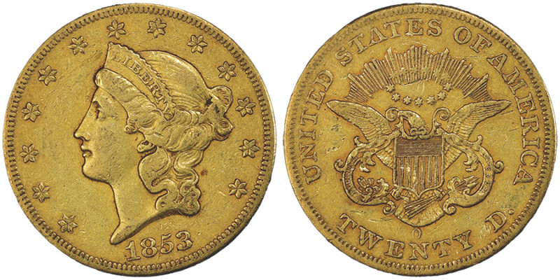 20 Dollars Liberty, New Orleans, 1853 O, No Motto, AU 33,43 g.
Ref : Fr. 171
Con...