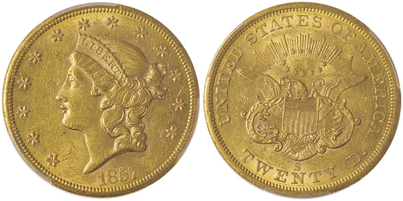 20 Dollars Liberty, San Francisco, 1857 S, No Motto, AU 33,43 g.
Ref : Fr. 172
C...