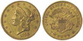 20 Dollars Liberty, Philadelphia, 1858, No Motto, AU 33,43 g.
Ref : Fr. 169
Conservation : PCGS AU 50