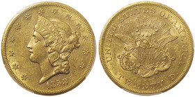 20 Dollars Liberty, San Francisco, 1858 S, No Motto, AU 33,43 g.
Ref : Fr. 172
Conservation : PCGS AU 58