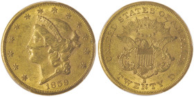 20 Dollars Liberty, San Francisco, 1859 S, No Motto, AU 33,43 g.
Ref : Fr. 172
Conservation : PCGS AU 55