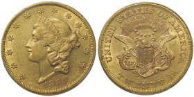 20 Dollars Liberty, Philadelphia, 1860, No Motto, AU 33,43 g.
Ref : Fr. 169
Conservation : PCGS AU 55