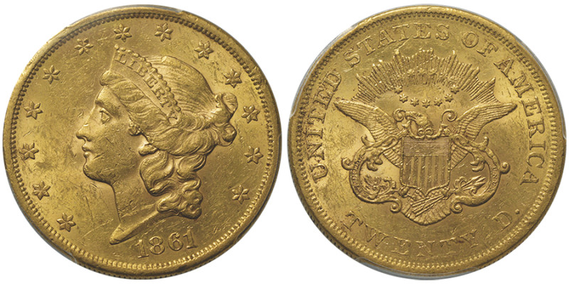 20 Dollars Liberty, Philadelphia, 1861, No Motto, AU 33,43 g.
Ref : Fr. 169
Cons...