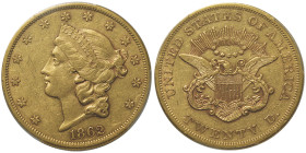 20 Dollars Liberty, Philadelphia, 1862, No Motto, AU 33,43 g.
Ref : Fr. 169
Conservation : PCGS AU 50