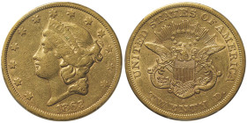 20 Dollars Liberty, San Francisco, 1863 S, No Motto, AU 33,43 g.
Ref : Fr. 172
Conservation : PCGS AU 50