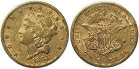 20 Dollars Liberty, San Francisco, 1864 S, No Motto, AU 33,43 g.
Ref : Fr. 172
Conservation : PCGS AU 53
