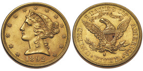 5 Dollars, San Francisco, 1892 S , AU 8.35 g.
Ref : Fr. 160 
Conservation : Superbe