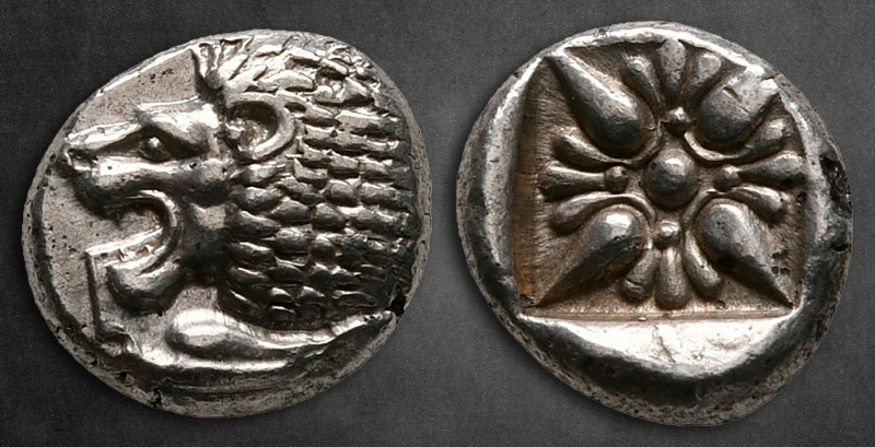 Ionia. Miletos circa 525-475 BC. 
Diobol AR

9 mm, 1,19 g

Forepart of lion...