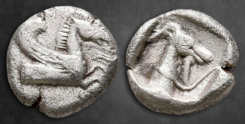 Caria. Halikarnassos circa 500-400 BC. 
Obol AR

9 mm, 0,86 g

A-ΛΙ (ΛΙ lig...