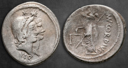Mn. Cordius Rufus 46 BC. Rome. Denarius AR