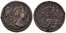 U.S. Coins. Liberty Cap Cents. 1 cent. 1794. Philadelphia. (Km-13). Ae. 13,72 g. Minor nicks on edge and minor scratches. 94's head. Rare. Choice F. E...