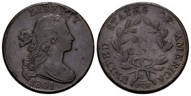 U.S. Coins. Draped Bust Cents. 1 cent. 1801. Philadelphia. (Km-22). Ae. 10,68 g. Fracción 1/000. Leves golpecitos. Muy rara. Choice VF/VF. Est...750,0...