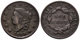 U.S. Coins. Matron Head Cents. 1 cent. 1819. Philadelphia. (Km-45). Ae. 10,69 g. Large date. VF. Est...150,00. 

Spanish Description: Estados Unidos...