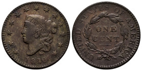 U.S. Coins. Matron Head Cents. 1 cent. 1820/19. Philadelphia. Ae. 10,73 g. Overdate. Some scratches. VF/Choice VF. Est...150,00. 

Spanish Descripti...