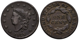 U.S. Coins. Matron Head Cents. 1 cent. 1825. Philadelphia. Ae. 10,46 g. Choice VF/VF. Est...150,00. 

Spanish Description: Estados Unidos. Matron He...