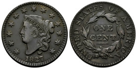 U.S. Coins. Matron Head Cents. 1 cent. 1827. Philadelphia. (Km-45). Ae. 10,74 g. Dark patina. Choice VF/VF. Est...150,00. 

Spanish Description: Est...