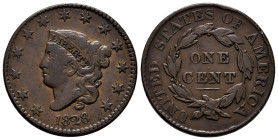 U.S. Coins. Matron Head Cents. 1 cent. 1828. Philadelphia. Ae. 10,90 g. Large narrow date. Minor nicks on the edge. Choice VF. Est...150,00. 

Spani...