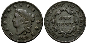 U.S. Coins. Matron Head Cents. 1 cent. 1829. Philadelphia. (Km-45). Ae. 10,77 g. Medium letters. Choice VF. Est...100,00. 

Spanish Description: Est...