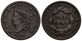 U.S. Coins. Matron Head Cents. 1 cent. 1830. Philadelphia. Ae. 10,46 g. Medium letters. Cleaned. Almost VF. Est...80,00. 

Spanish Description: Esta...