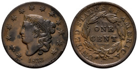 U.S. Coins. Matron Head Cents. 1 cent. 1833. Philadelphia. Ae. 10,78 g. Slight rust on reverse, otherwise very good specimen. Almost XF. Est...200,00....