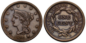 U.S. Coins. Braided Hair Cents. 1 cent. 1840. Philadelphia. (Km-67). Ae. 10,80 g. Small date. Beautiful color. Attractive specimen. Slight cleaning. K...
