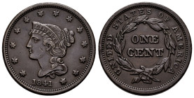 U.S. Coins. Braided Hair Cents. 1 cent. 1841. Philadelphia. (Km-67). Ae. 11,21 g. Minor nicks on edge, otherwise very good specimen. XF/Almost XF. Est...