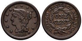U.S. Coins. Braided Hair Cents. 1 cent. 1844. Philadelphia. Ae. 10,82 g. Choice VF. Est...120,00. 

Spanish Description: Estados Unidos. Braided Hai...