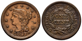 U.S. Coins. Braided Hair Cents. 1 cent. 1847. Philadelphia. (Km-67). Ae. 10,48 g. Minimal hairlines. Almost XF. Est...90,00. 

Spanish Description: ...