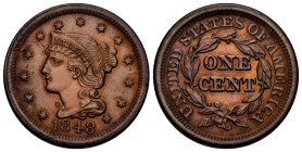 U.S. Coins. Braided Hair Cents. 1 cent. 1848. Philadelphia. Ae. 10,41 g. Beautiful color. Scarce in this grade. XF. Est...150,00. 

Spanish Descript...