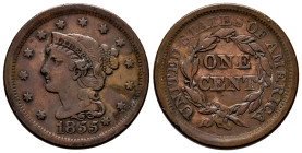 U.S. Coins. Braided Hair Cents. 1 cent. 1855. Philadelphia. Ae. 10,19 g. Slanting 5's and knob on ear. VF. Est...80,00. 

Spanish Description: Estad...