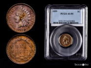 U.S. Coins. Indian Cents. 1 cent. 1859. Philadelphia. (Km-87). Slabbed by PCGS as AU 55. PCGS-AU. Est...250,00. 

Spanish Description: Estados Unido...