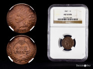 U.S. Coins. Indian Cents. 1 cent. 1867. Philadelphia. (Km-90a). Ae. NGC - AU 53 BN Slabbed by NGC as AU 53 BN. NGC-AU. Est...250,00. 

Spanish Descr...
