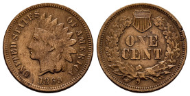 U.S. Coins. Indian Cents. 1 cent. 1869. Philadelphia. (Km-90a). Ae. 2,99 g. Minor nick on the edge. Scarce. Choice VF. Est...150,00. 

Spanish Descr...