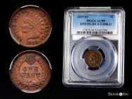 U.S. Coins. Indian Cents. 1 cent. 1869/69. Philadelphia. Ae. Slabbed by PCGS as AU 55. Ex Heritage Auctions # 1236, lot 7079. Very rare. PCGS-AU. Est....
