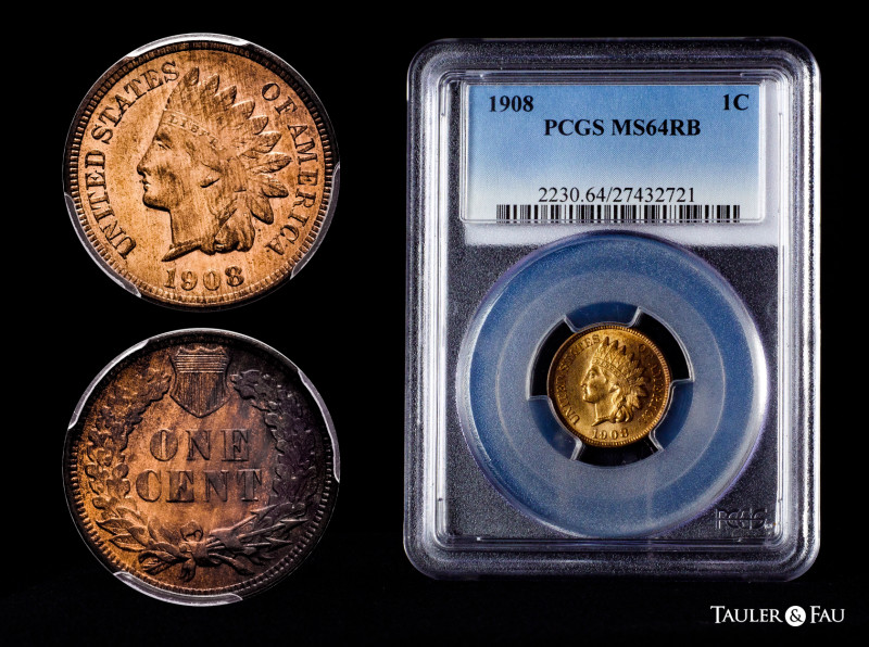 U.S. Coins. Indian Cents. 1 cent. 1908. Philadelphia. (Km-90a). Ae. Slabbed by P...