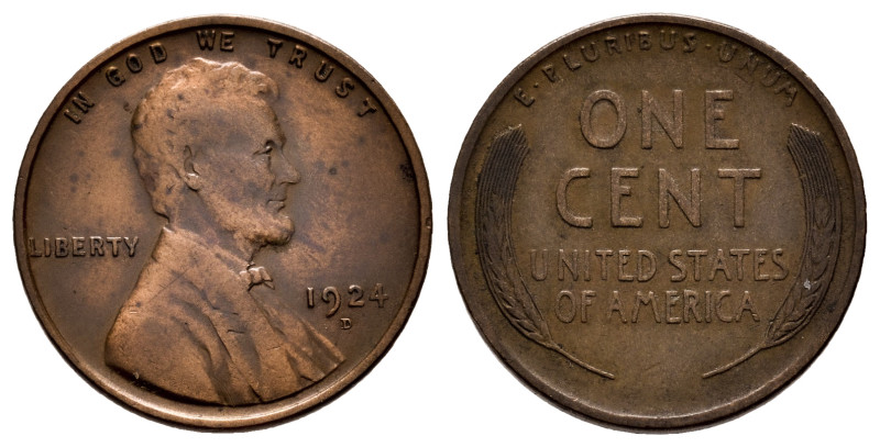U.S. Coins. Lincoln Cents. 1 cent. 1924. Denver. D. (Km-132). Ae. 3,03 g. Scarce...
