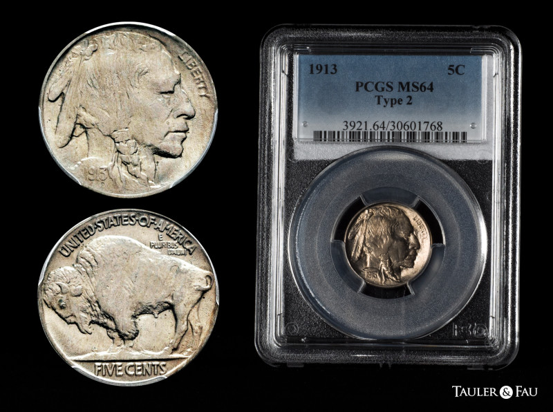 U.S. Coins. Buffalo Nickels. 5 cents. 1913. Slabbed by PCGS as MS 64. PCGS-MS. E...