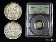 U.S. Coins. Seated Liberty Half Dimes. Half Dime. 1869. San Francisco. S. (Km-91). Ag. Slabbed by PCGS as AU 53. PCGS-AU. Est...150,00. 

Spanish De...