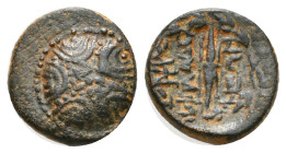 Greek Coins
LYDIA. Philadelphia. Ae (2nd-1st century BC).
Obv: Macedonian shield with star on boss.
Rev: ΦIΛAΔEΛΦEΩN.
Thunderbolt within wreath; above...