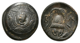 Greek Coins
KINGS OF MACEDON. Philip III Arrhidaios (323-317 BC). Ae 1/2 Unit. Salamis.
Obv: Macedonian shield, with facing gorgoneion on boss.
Rev: B...