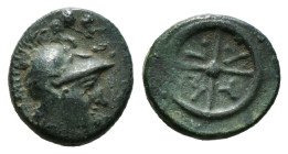 Greek Coins
THRACE. Mesambria. Ae (4th century BC).
Obv: Head of Athena right, wearing Corinthian helmet.
Rev: M - E - T - A.
Four-spoked wheel.
SNG B...
