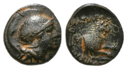 Greek Coins
KINGS OF THRACE (Macedonian). Lysimachos (305-281 BC). Ae.
Obv: Helmeted head of Athena right.
Rev: ΒΑΣΙΛΕΟΣ / ΛΥΣΙΜΑΧΟΥ.
Forepart of a li...