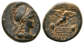 Greek Coins
PHRYGIA. Apameia. Ae (Circa 88-40 BC). Philokrates and Aristeos, magistrates.
Obv: Helmeted bust of Athena right, wearing aegis.
Rev: AΠAM...