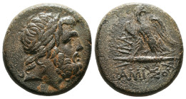 Greek Coins
PONTOS. Amisos. Time of Mithradates VI Eupator (Circa 100-85 BC). Ae.
Obv: Laureate head of Zeus right.
Rev: AMIΣOY.
Eagle, head right, wi...